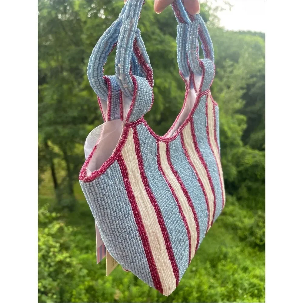 Viral Beaded Bag - Handcrafted Beaded Stripe Mini Tote - Blue, Cream & Red